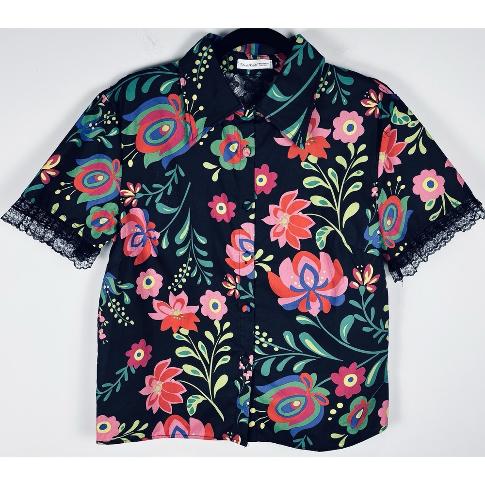 Frida Kahlo Black Botanical Print Short Sleeve Lace Trim Button Up Shirt Medium